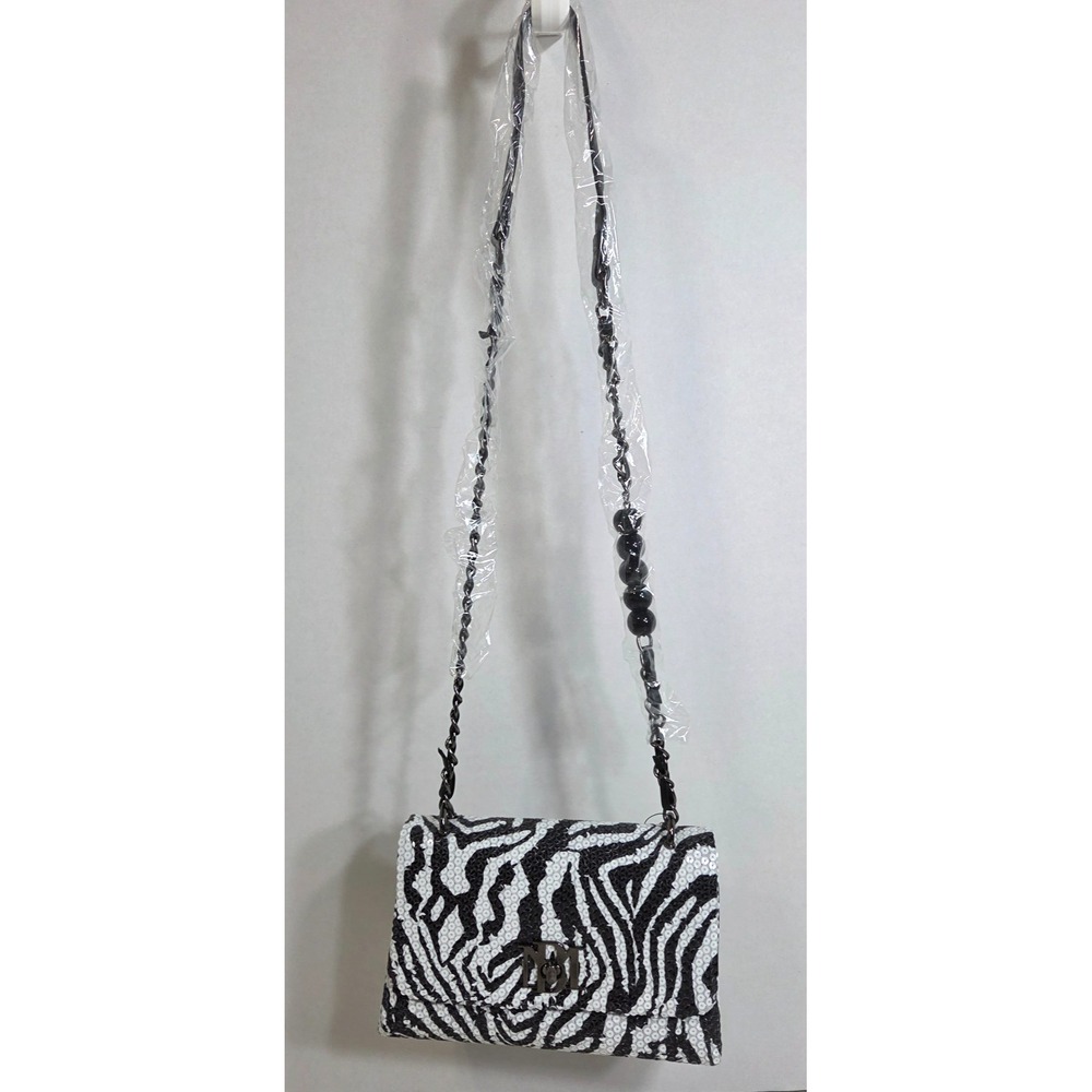 Badgley Mischka Zebra Crossbodybag Sequin Black White Vegan Leather NWT - Picture 4 of 13